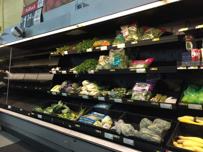 I was pretty surprised to see this much empty shelf space in the produce section, however. We reached out to Walmart corporate about the empty space, and a spokesperson apologized and said this particular store was installing new shelves in the produce area so employees had to empty and restock the section. The shelves remained empty for the duration of my one-hour visit.