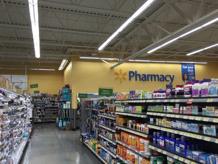 The shelving near the pharmacy is low, making it easy to find the pharmacy window.