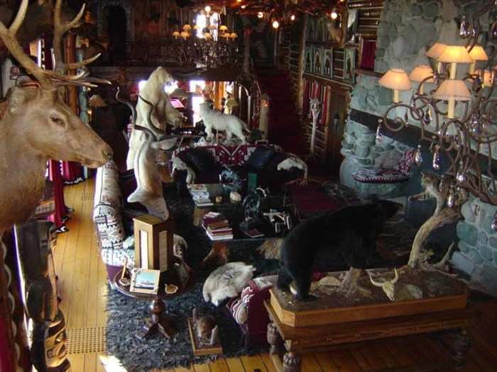 Inside, the cozy cabin makes full use of its space with wall-to-wall taxidermy.