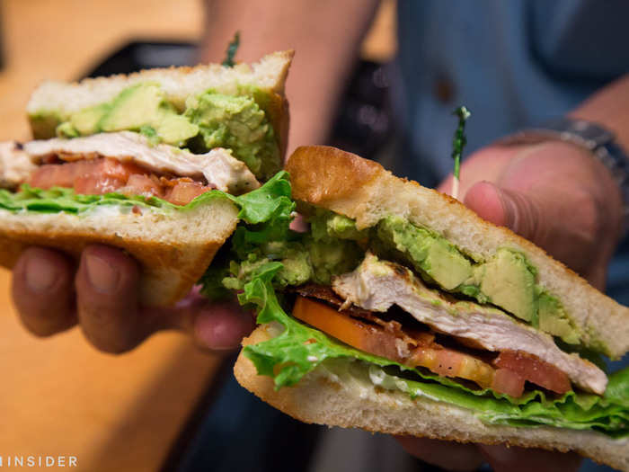 The Chicken Club contains juicy chicken breasts that have been marinated for 24 hours. The sandwich gets an extra crunch with crispy strips of bacon.