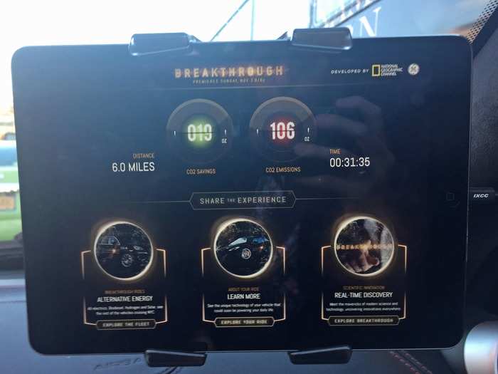 The display kept track of time, distance, CO2 emissions in ounces (red number) and emissions saved by driving with ethanol (green number).