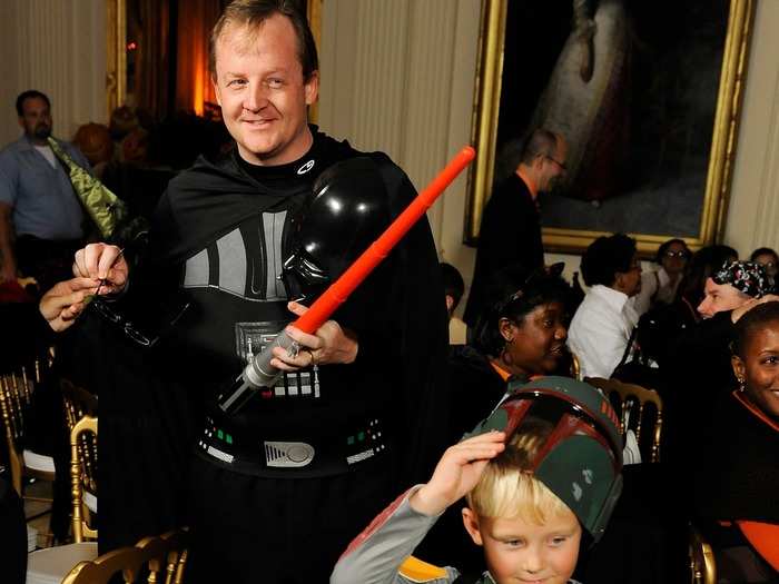 Former White House Press Secretary Robert Gibbs dressed as Darth Vader during a White House reception in 2009.