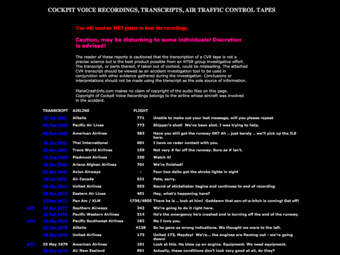 An archive of last communications from crashing planes.