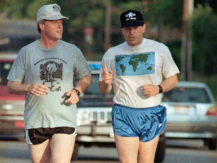 Bill Clinton and Al Gore taking a jog in Little Rock, Arkansas (1992)