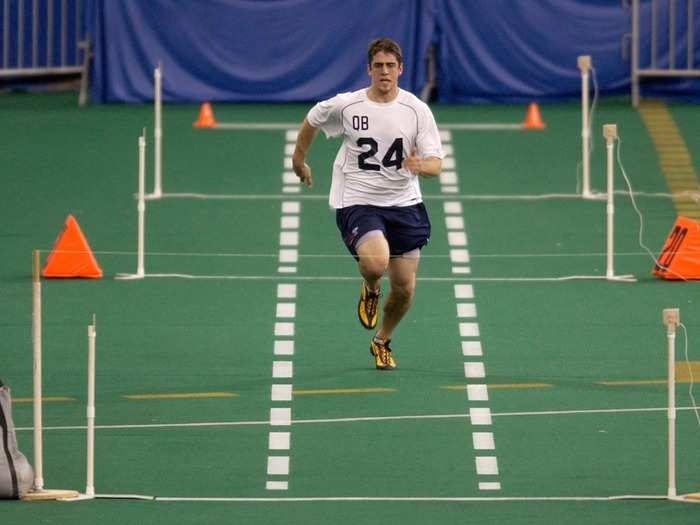 He also throws footballs while running on the treadmill, and throws at a net attached to a moving motorcycle to stay sharp.