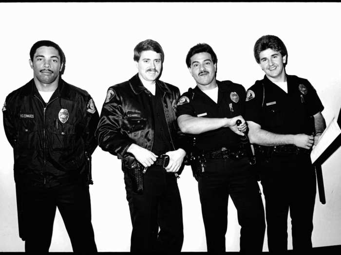 Valentine says that his goal with the project was to accurately document the officers’ side of the job, which rarely got talked about at the time. Here, you can see officers Hal Edwards, Matt Harrell, Mark Rangel, and Don Osterholt.