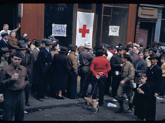 The Red Cross station on the Lower East Side offers locals various free items during salvage collection.