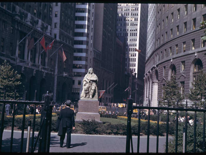 A statue of Abraham de Peyster, who was Mayor of New York City from 1691 to 1694, is seen in Bowling Green.