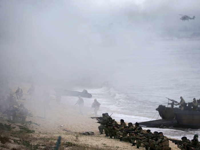 The exercise has featured massive beach landings ...