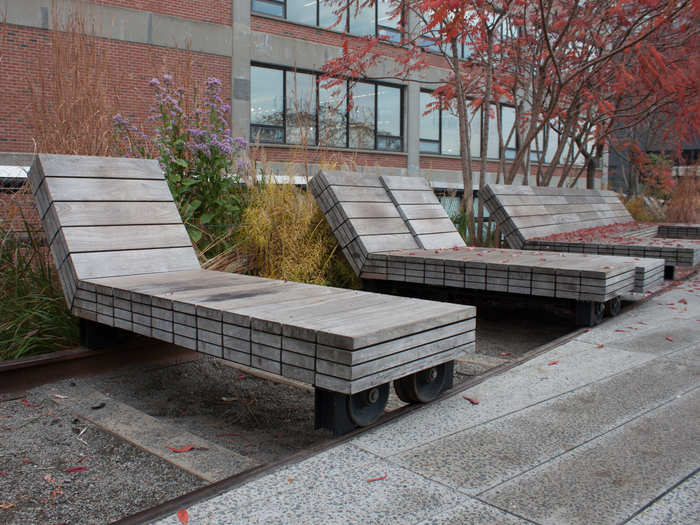 These wooden lounge chairs roll along the train-tracks on wheels. You can push two together for a cosy chaise experience. These are also hard to snag in the summer, where people bring books and picnic lunches to lounge around with for hours on end.