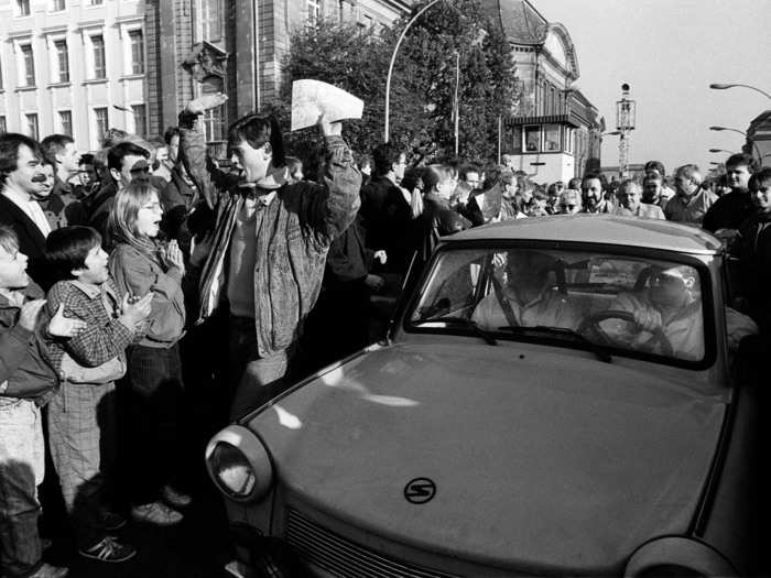 There was plenty of celebration as West Berlin citizens welcomed East Germans as they passed the border checkpoint.