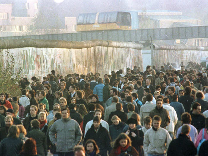 Thousands walked along the Berlin Wall between Potsdamer Platz and Brandenburg Gate on November 18.