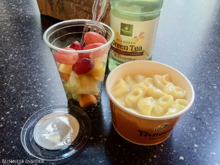 Within four minutes, I have my snack: a fruit cup, a drink, and some of Panera