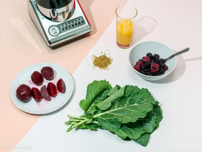 THE BEET-BERRY BLAST: Pre-cooked beets, orange juice, collard greens, frozen berries, and optional bee pollen topping.