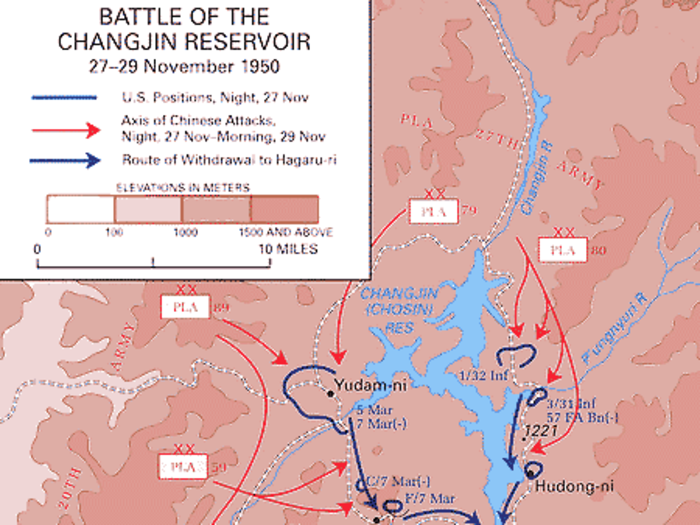 As this map demonstrates, the Marines were in a potentially disastrous position during the opening days of the battle, Chinese forces attacking from every side.
