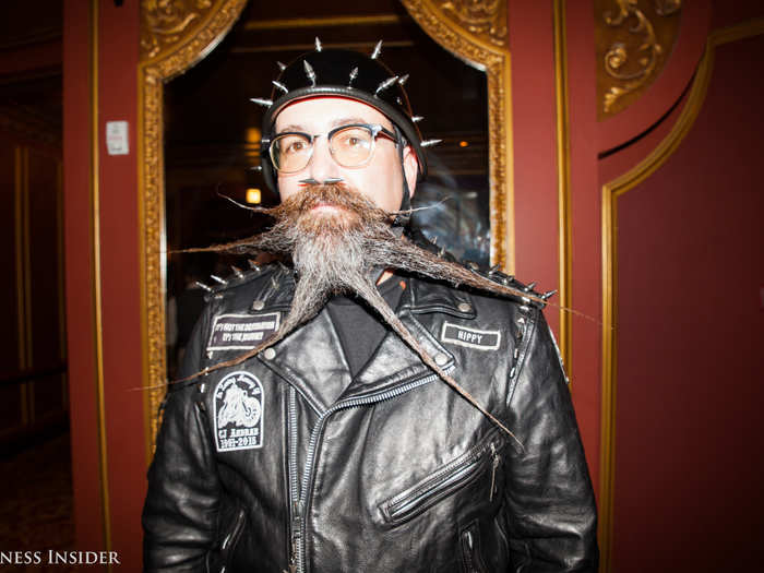 John Morrow from Carlisle, Pennsylvania, used gel and wax to spike his beard to match his helmet.