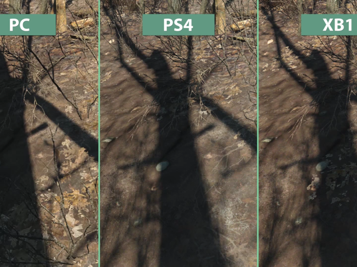 These tree shadows all look good, but the shadows themselves look more crisp on PC, and blurrier on PS4. The shadows on Xbox One look like they