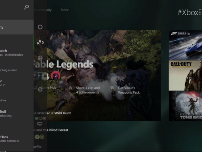 In the new Xbox One experience, double-clicking the Xbox button on your controller brings in a panel from the left side that can show online friends, notifications, Xbox parties, or settings.