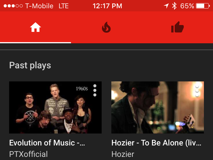 The app also shows past plays of yours on YouTube.