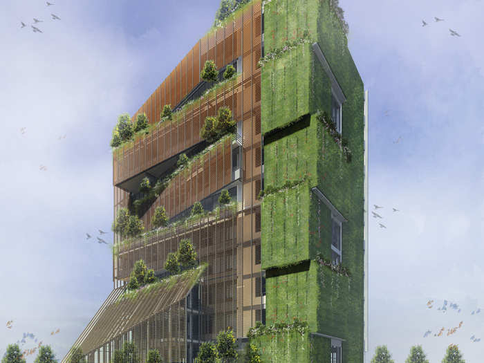 Another wall collects solar energy, and yet another has vertical shading in the colors and patterns of butterflies. The fourth wall is all greenery, watered by the graywater of the building.