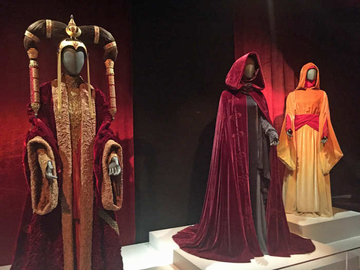 The most costumes in the exhibit belong to the former Queen of Naboo. Actress Natalie Portman wore 37 different outfits for Padmé Amidala in the three prequel movies.