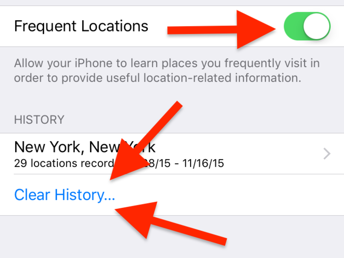 To delete your location history off your device, tap Clear History. You can also turn off the feature by un-checking the toggle next to Frequent Locations.