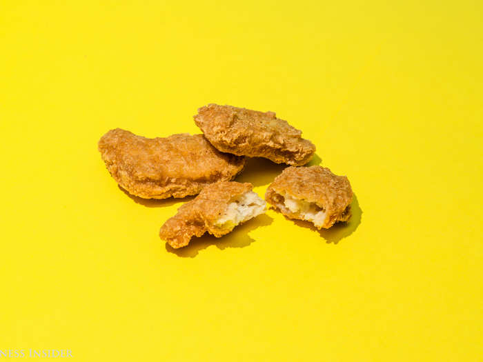 Crunch! McNuggets are delightfully crispy. Thankfully, these taste like chicken, but we could not decipher what McDonald