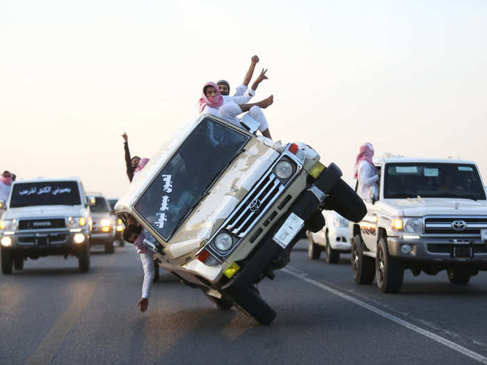 "Sidewalk skiing," where a car goes up on two wheels, is popular with young adults in Saudi Arabia. This stunt gained worldwide attention when M.I.A included it in her popular "Bad Girls" music video in 2012.