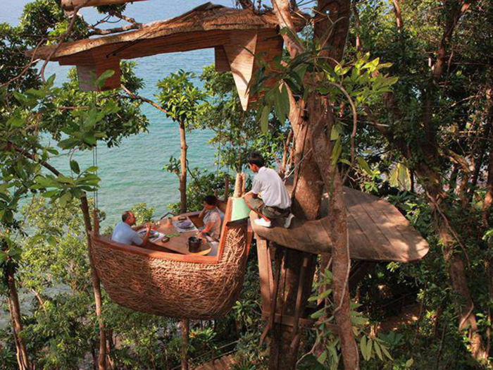 Sample homemade gourmet cuisine served to you by zip-lining acrobatic waiters at the treepod dining room of the Soneva Kiri Resort in Koh Kood, Thailand.