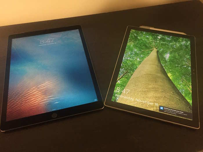 Both devices have great displays. And if size matters, the iPad Pro (left) has a 12.9 inch screen, while the Surface Pro 4