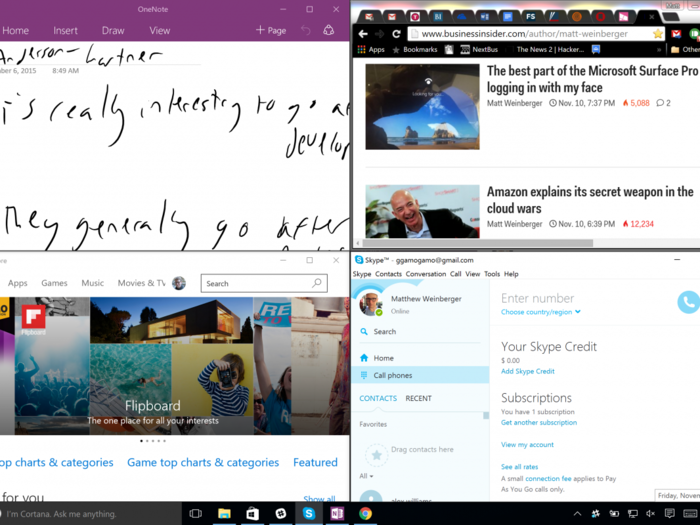 Meanwhile, the Surface Pro 4 runs a full-fledged version of Windows 10. The good part there is that you can have as many apps open as you want. And Windows helps assist you by automatically splitting the screen evenly between as many as four apps.