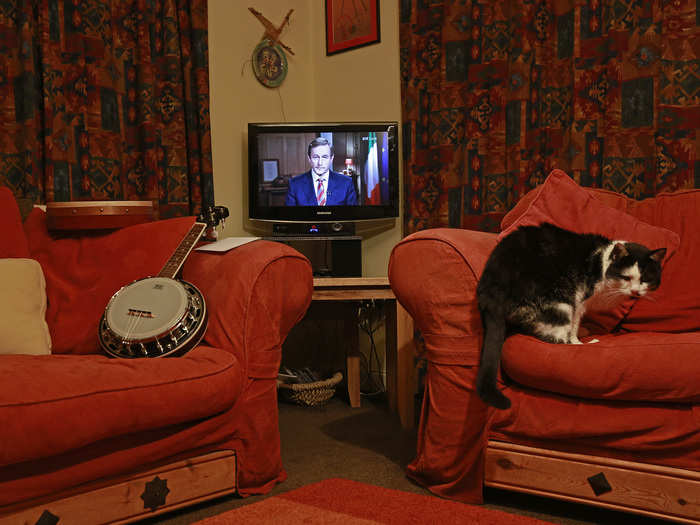 In Donegal, Ireland, a cat turns his back on the TV while the Irish Prime Minister Edna Kenny gives a televised address.