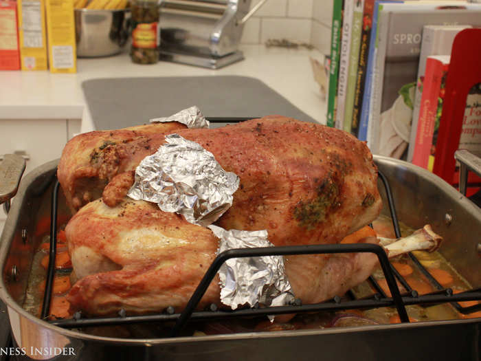 2. BURNT TURKEY: If areas of your turkey are getting a little burnt, pull that sucker out and put aluminum foil bandages over its burnt spots. You can