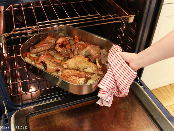 Arrange the fully carved turkey in the roasting pan and stick it back in the oven. Carving the turkey and re-roasting it is also a good hack for crisper skin.