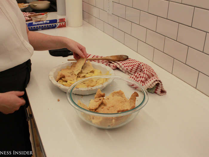 So we scraped the filling into another pie dish and put the raw pie crust back in the oven to finish cooking.