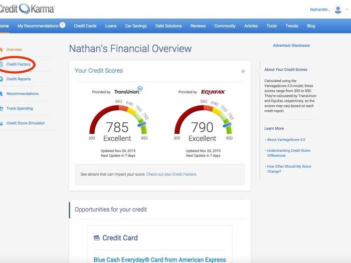 This is the basic dashboard showing the two credit scores Credit Karma gives you: TransUnion and Equifax. Credit Karma gives you access to two out of the three major credit reporting companies for free. First let