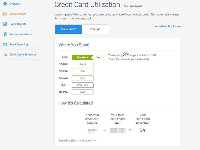 You can take a closer look at each factor (this one is Credit Card Utilization). Here it is showing me what percentage of my credit card limit I