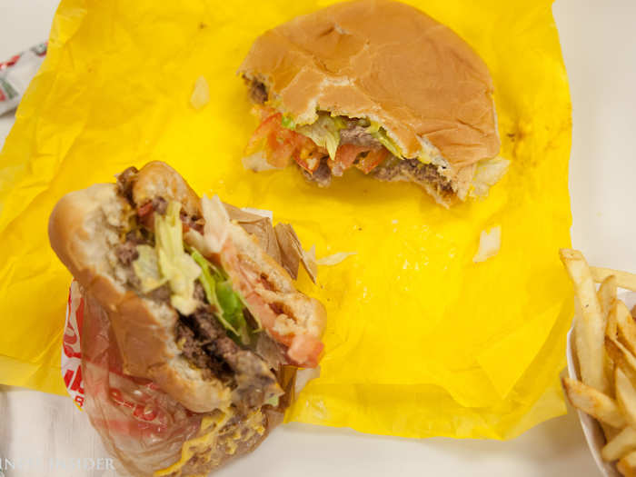 The meats of the two burgers had a different consistency. The Whataburger had a slightly tougher patty, while the In-N-Out version had a softer, more homemade patty taste.