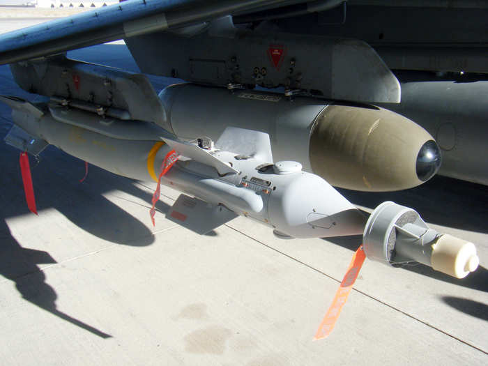 Paveway IV bombs are British-made bombs that can by dropped from the Eurofighter Typhoon aircraft. They combine laser-guidance with GPS navigation to hit their target.
