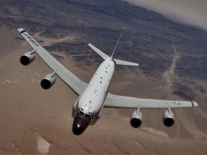 The huge Boeing RC-135W is an American-made plane used by the RAF for electronic surveillance. It can snoop in on phone conversations and pinpoint terrorists? with great accuracy.