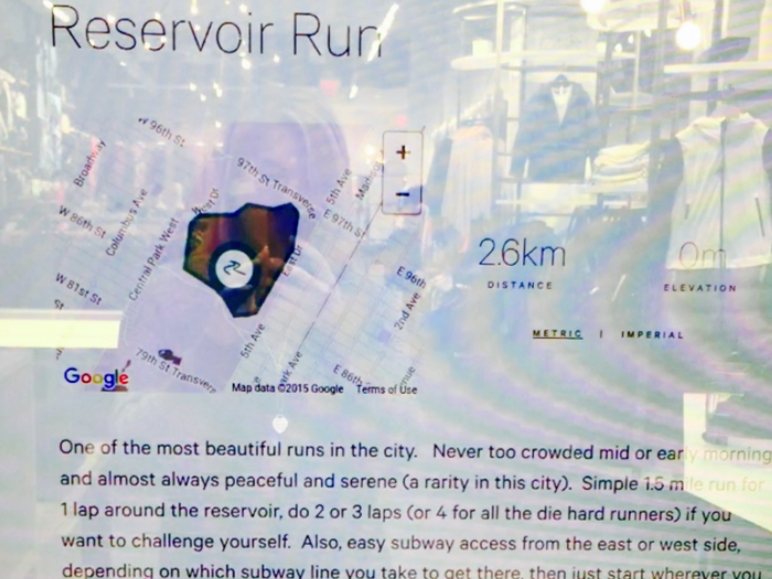 The mirror will give the distance, elevation, and a description of the scenery of the route. It will even suggest a convenient place to eat in the area where you decide to run.