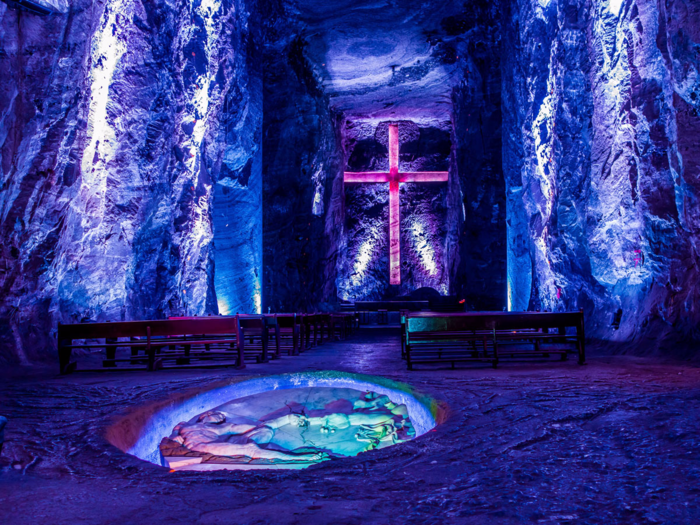 The Salt Cathedral of Zipaquira, Colombia, sits 590 feet below the surface in the heart of a salt mine. Carved salt sculptures and a 16-foot cross adorn a cathedral that gets some 3,000 visitors each Sunday.