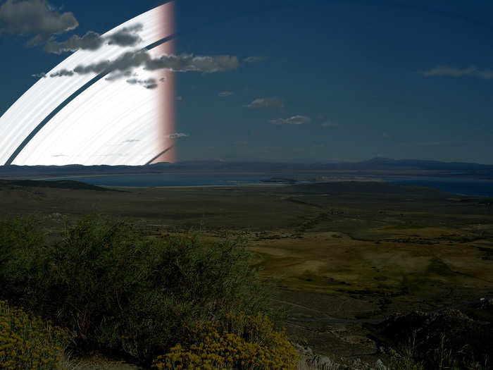 Miller digitally painted the rings over stock photos, and retouched heavily so they appeared to be taken at night when the contrast is greatest. The shot above depicts the rings partially blocked by the sun during an equinox.