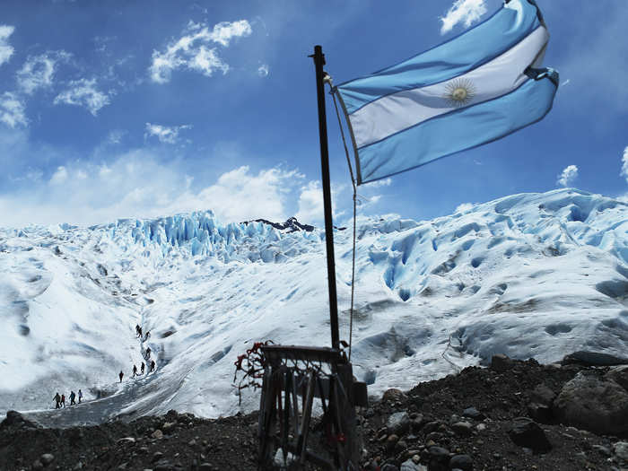 The Perito Moreno glacier. The melting ice takes on a grayish tinge from the sediments around the glacier.