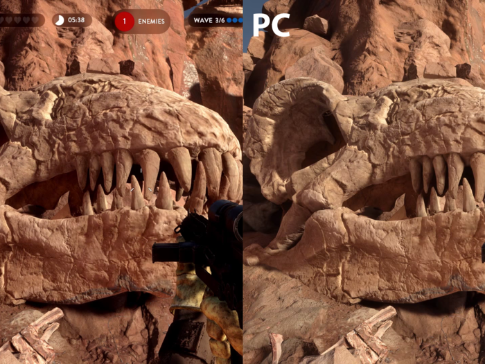 It looks pretty close between the PC and PS4. The contrast might be a little bolder on the PS4, which may look better on the surface, but it means lost detail on the weapon. The PC screenshot looks more realistic.