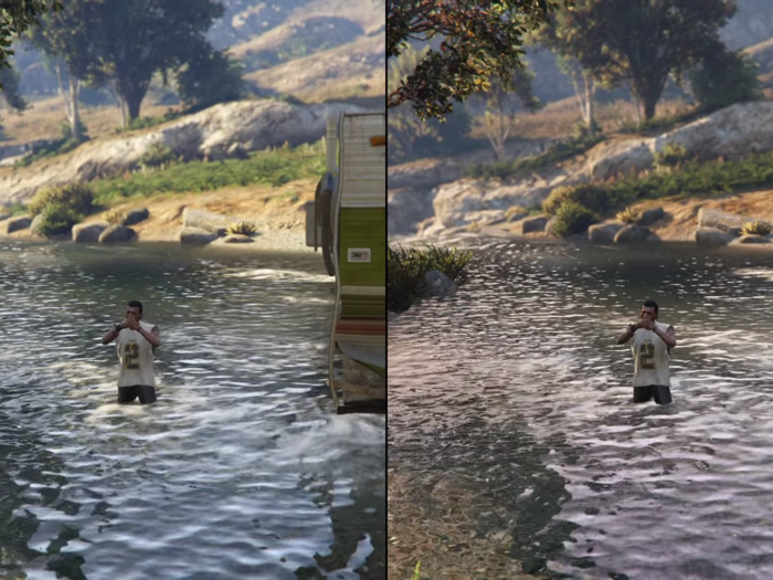 The water and this general area in "GTA V" looks excellent on both PS4 and PC. But the difference is in peripheral details, like the bushes on the other side of the river.