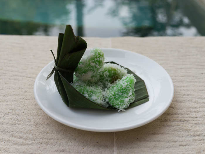 Welcome treats always feature a classic Indonesian sweet and are not to be missed. These little nuggets are called Klepon, pounded rice cakes scented with pandan (which is like the vanilla of Southeast Asia). It