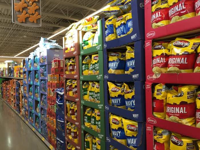 Food is displayed in its original cardboard packaging, so employees don