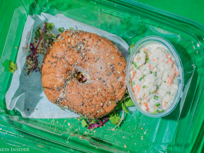 For breakfast, I had a gluten-free bagel made out of flax, chia, hemp and poppy seeds.