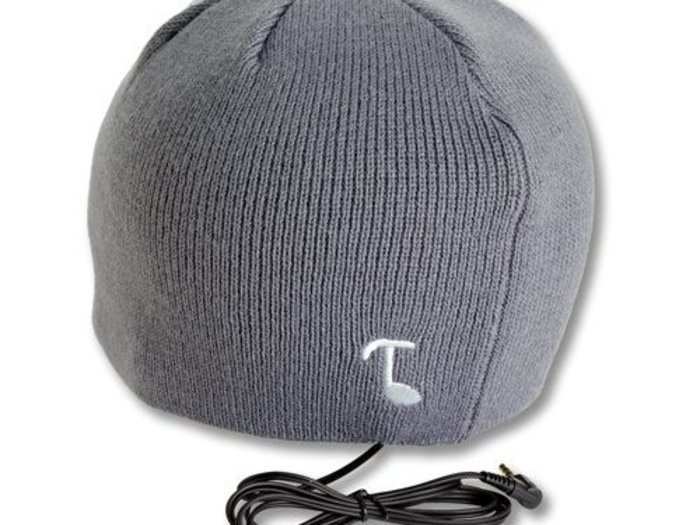 Keep runners warm and entertained with a hat that has removable headphones.